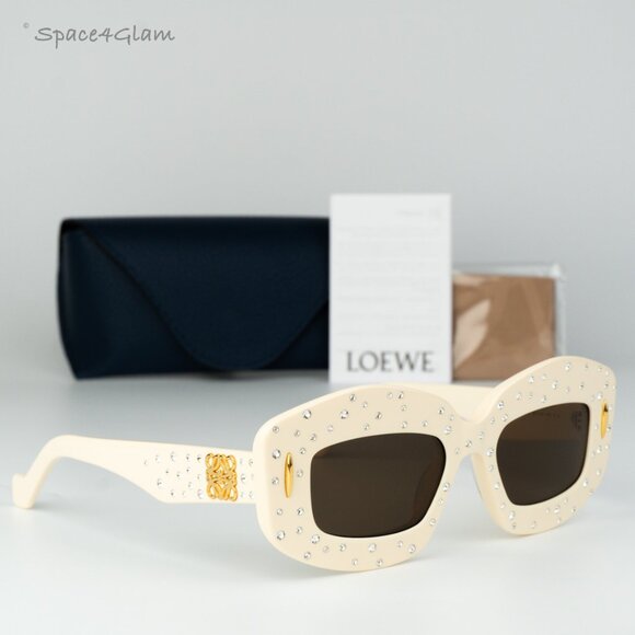 Loewe Women Sunglasses Crystal White Brown Rectangle LW4114IS 25E NEW AUTHENTIC - Picture 1 of 11